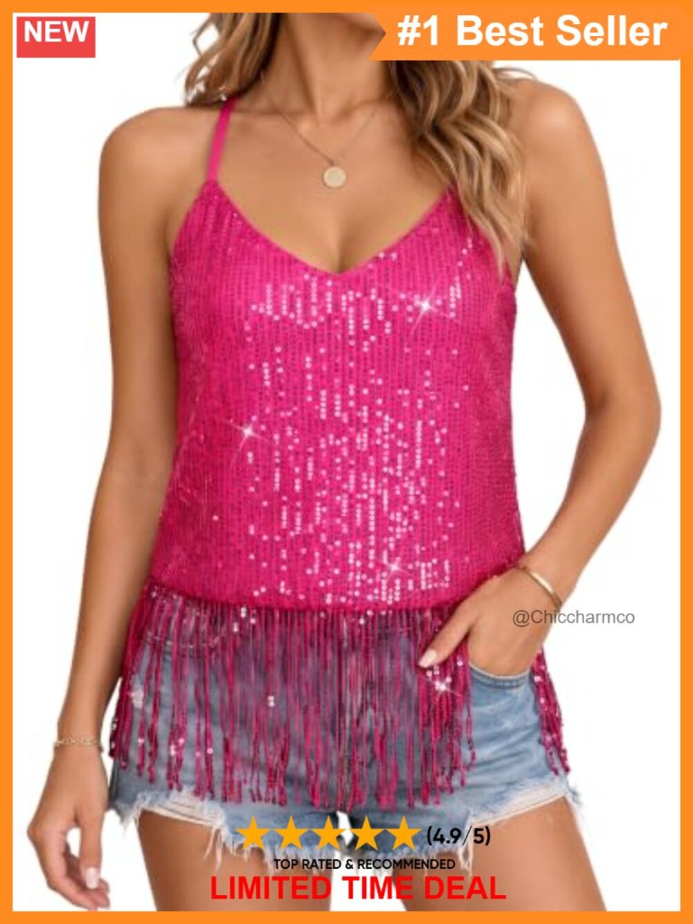 Sequin V-Neck Fringe Party Top Adjustable Straps Sleeveless Sparkly Cami